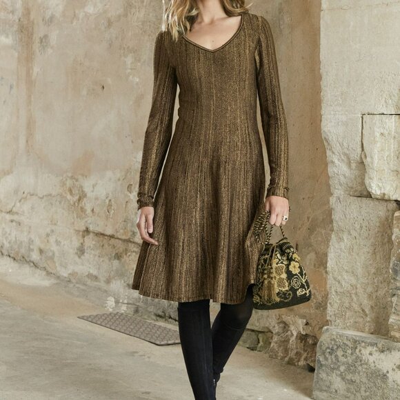 Peruvian Connection Dresses & Skirts - Peruvian Connection Gold Black Dress Small Elegant Holiday Rue de Cambon V Neck